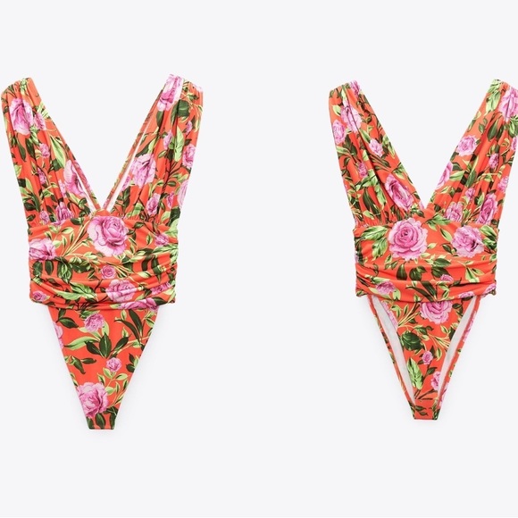 Zara red pink green rose floral flower tropical ruched draped bodysuit Sz S NWT - Picture 3 of 13